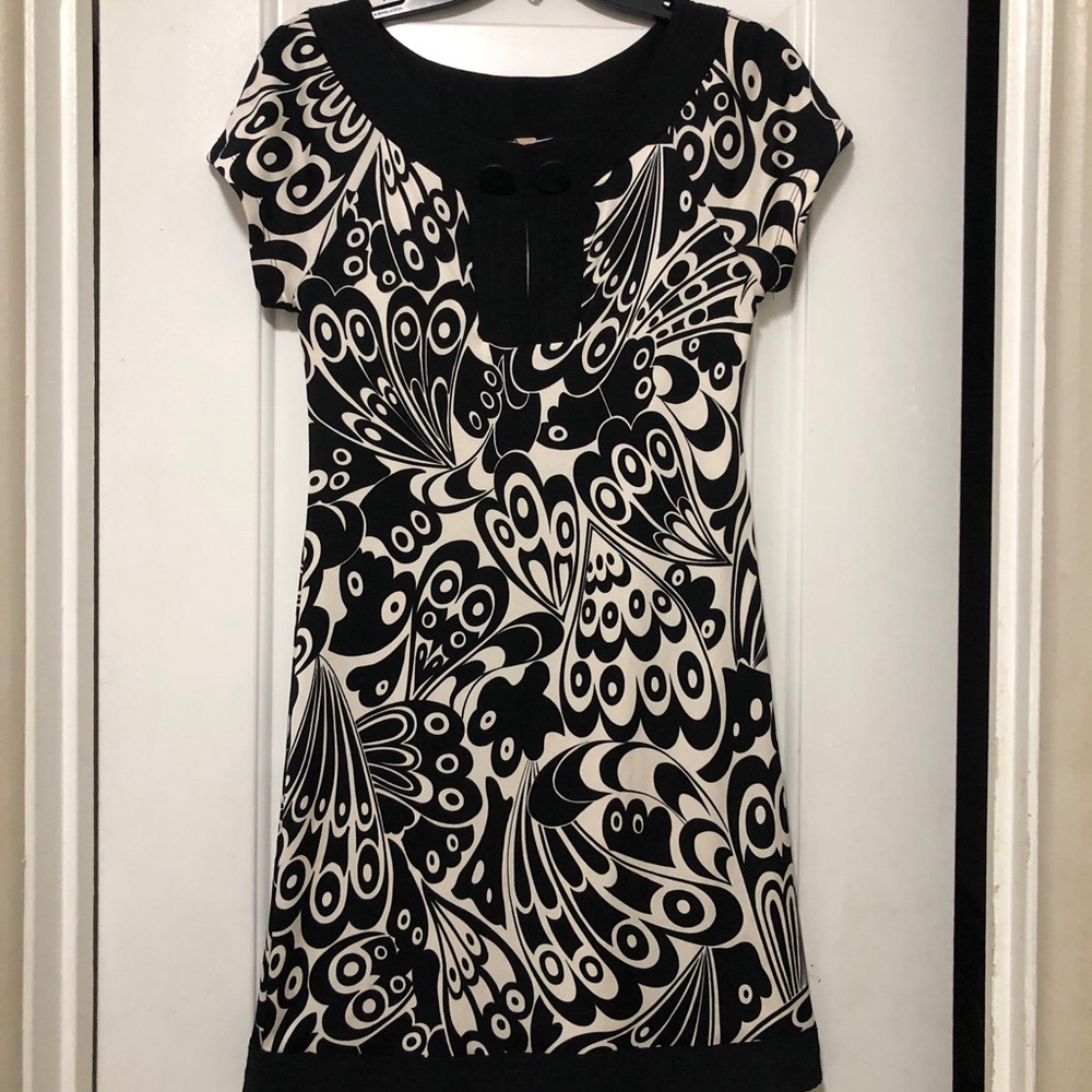 Bailey 44 Black and White Abstract Print Midi Dress,